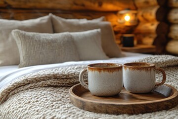 Rustic Cozy Cabin Bedroom with Warm Wooden Walls and Textured Blankets