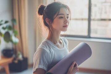 Beautiful Chinese woman in her 30s standing with yoga mat in spacious room and smiling
