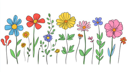 Obraz premium Simple and cute cartoon flower pattern, with colorful pastel colors on a white background. Minimalist in style, featuring simple line art and flat illustration.