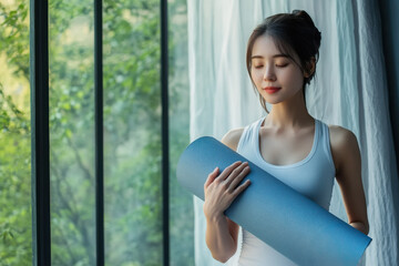 Beautiful Chinese woman in her 30s standing with yoga mat in spacious room and smiling