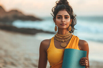 Beautiful Indian woman in her 30s standing with yoga mat near the ocean sea and smiling