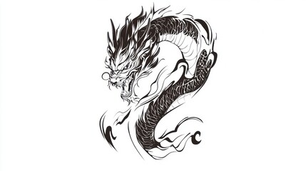 Naklejka premium Majestic dragon coiled, mythical creature art, white background, tattoo design