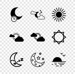 Set Sleeping moon, Cloud with and stars, Sun, Moon icon, Sunset, cloud weather and icon. Vector