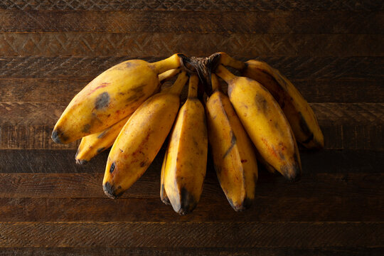 A top down view of a cluster of burro bananas.