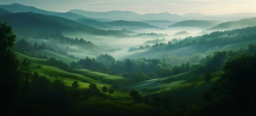Obraz premium Beautiful summer landscape of green mountains and foggy valley at sunrise