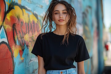 Fashionable woman in casual black oversized t-shirt and light blue jeans posing with sunglasses against urban graffiti wall