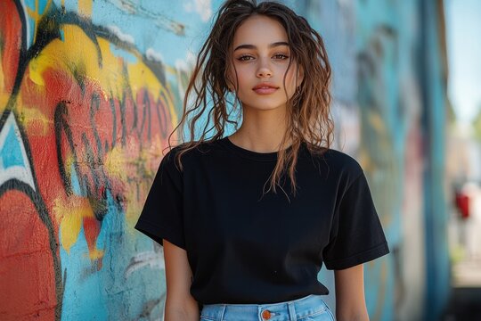 Fashionable woman in casual black oversized t-shirt and light blue jeans posing with sunglasses against urban graffiti wall