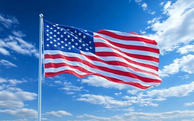 Fototapeta premium American Flag Waving Against Blue Sky with Clouds suitable for digital content