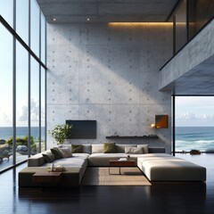 Fototapeta premium Modern Minimalist Living Room with Ocean View and Concrete Walls