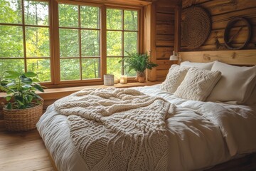 Fototapeta premium Cozy log cabin bedroom with chunky knit blanket and warm rustic decor
