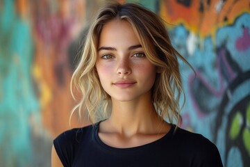 Naklejka premium Urban fashion portrait of woman in black t-shirt and sunglasses against vibrant graffiti wall