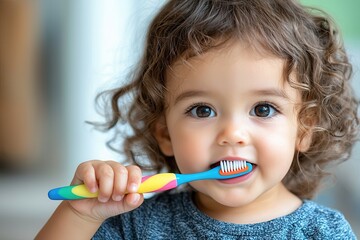 Oral care gum preventive health Child brushing teeth with colorful toothbrush and curly hair.