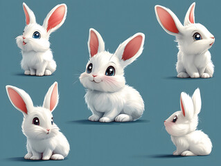 Fototapeta premium Cute Cartoon White Rabbits with Big Eyes
