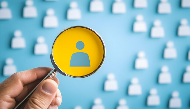 Hand holding a magnifying glass over yellow avatar icons on a grey background.