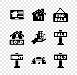 Set Online real estate house, House under protection, Hanging sign with For Sale, Rent, Warehouse, text Sold, and Skyscraper icon. Vector