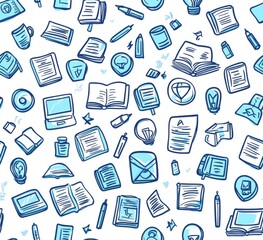 A pattern of books and other items such as a laptop, a bottle, and a cup