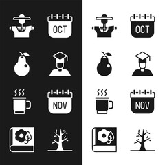 Set Graduate and graduation cap, Pear, Scarecrow, October calendar autumn, Cup of tea, November, Bare tree and Herbarium icon. Vector