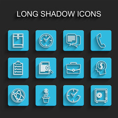 Set line Social network, Dollar plant in the pot, Envelope, Clock with arrow, Safe, Document search, Business man planning mind and Briefcase icon. Vector