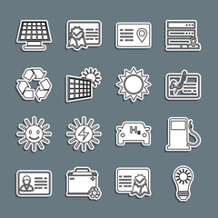 Set line Solar energy panel, Petrol or Gas station, Signed document, Address book, and sun, Recycle symbol, and Sun icon. Vector