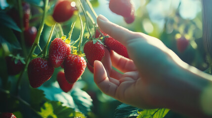 Fingers gently pluck ripe red strawberries from vibrant green plants under the warm sunlight, highlighting the rewarding experience of picking fresh fruits in nature.