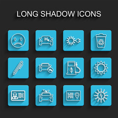 Set line Identification badge, Eco car concept drive, Sad smile, Address book, Solar energy panel, Hydrogen, Sun and Bio fuel with fueling nozzle icon. Vector