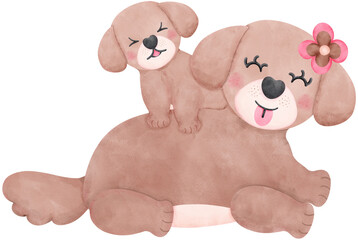Mother's Day dog mom hugs her puppy in watercolor style illustration