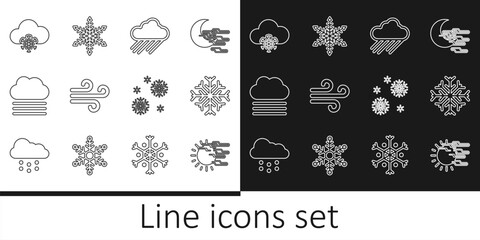 Set line Fog and sun, Snowflake, Cloud with rain, Wind, cloud, snow, and icon. Vector