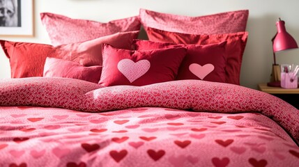 A bed is shown with heart themed bedding and cushions
