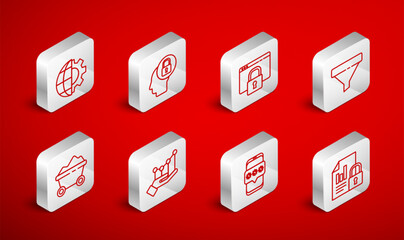 Set line Document and lock, Human head with, Secure your site HTTPS, SSL, Sales funnel, Mobile password, Globe of the Earth gear, Pie chart infographic and Coal mine trolley icon. Vector