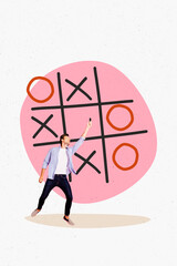 Image vertical 3d collage poster of astonished businessman play tic tac toe game strategy...