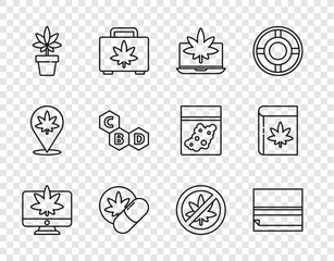 Set line Monitor and marijuana or cannabis, Rolling paper, Laptop, Herbal ecstasy tablets, Marijuana plant, Cannabis molecule, Stop leaf and Book icon. Vector