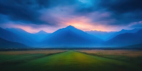 Obraz premium Sunlit green valley and winding road beneath blue mountain silhouettes. Wide panoramic landscape under dramatic clouds at sunset. Calm resilience and forward momentum. Ideal for travel ads