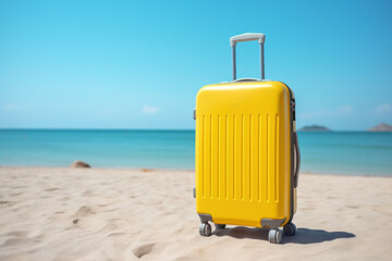  Yellow suitcase on sandy beach
