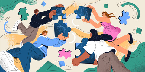 Teamwork concept. Colleagues are coworking, work together. Successful communication in team, business partnership and collaboration in development. People jigsaw puzzle. Flat vector illustration
