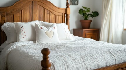 A cozy bedroom showcasing a wooden bed with white bedding