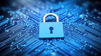 Digital security lock on blue circuit board design representing data protection and cybersecurity measures