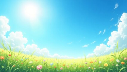 Sunny meadow with flowers blooming under blue sky and white clouds