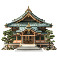 3D front view illustration of a Yasukuni Shrine Japan monument isolated on a white transparent background