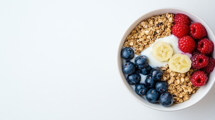 A colorful bowl of yogurt topped with granola, blueberries, raspberries, and banana slices, offering a healthy breakfast option.