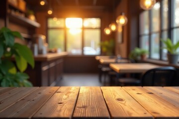 Fototapeta premium Empty wooden table top with blurred cafe scene in warm golden light, Warm Lighting, Blurred Background