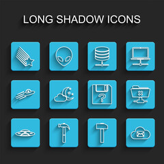 Set line UFO flying spaceship, Hammer, Falling star, Cloud mail server, with moon and stars, FTP cancel operation and Unknown document icon. Vector