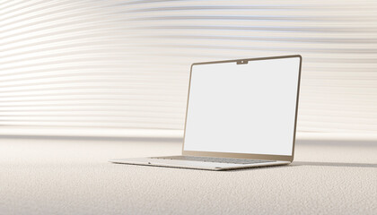 3D render of a cream-colored laptop with a blank screen on a carpeted surface