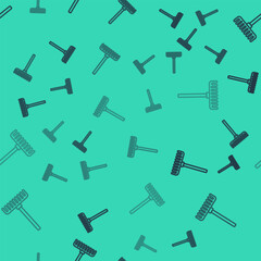 Black line Garden rake icon isolated seamless pattern on green background. Tool for horticulture, agriculture, farming. Ground cultivator. Vector