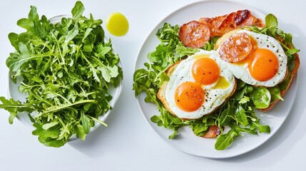A vibrant plate featuring two sunny-side-up eggs on toast, accompanied by a fresh arugula salad, garnished with a drizzle of olive oil.