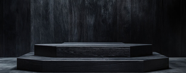 sleek wooden podium stands prominently against dark wooden backdrop, creating striking visual contrast that evokes sense of elegance and sophistication