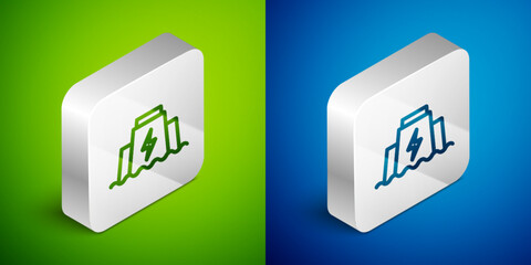 Isometric line Hydroelectric dam icon isolated on green and blue background. Water energy plant. Hydropower. Hydroelectricity. Silver square button. Vector