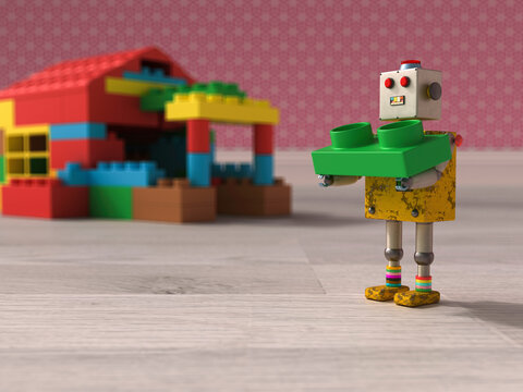 3D rendering of a toy robot holding a plastic brick in a colorful indoor setting
