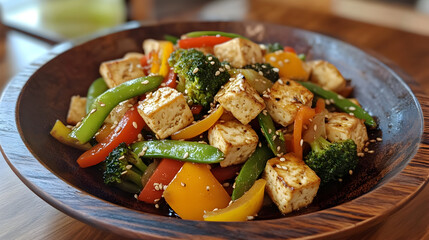 vegetable stir-fry with tofu, broccoli, bell peppers, and snap peas, cooked in a wok with soy sauce and served on a wooden plate 