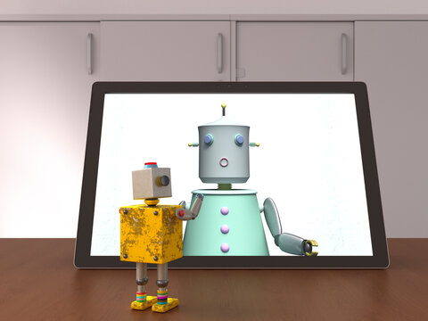 3D rendering of a small robot interacting with a larger robot on a tablet screen in an office setting