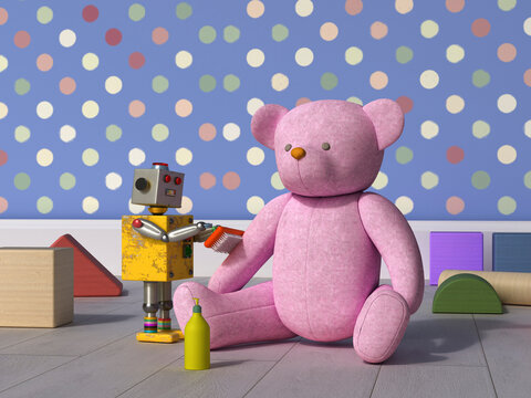 3D rendering of a robot cleaning a teddy bear in a colorful playroom